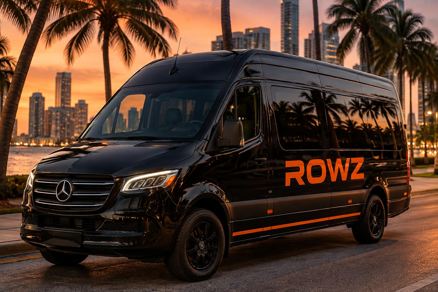 Black ROWZ passenger van with orange ROWZ branding parked on a Miami waterfront street at sunset